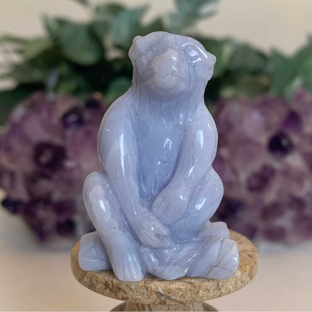 Blue Lace Agate Monkey Carving Figurine Carved Stone Chinese Horoscope 2" READ